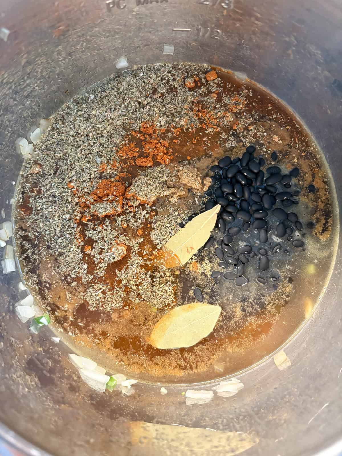 All the ingredients added to the pressure cooker.