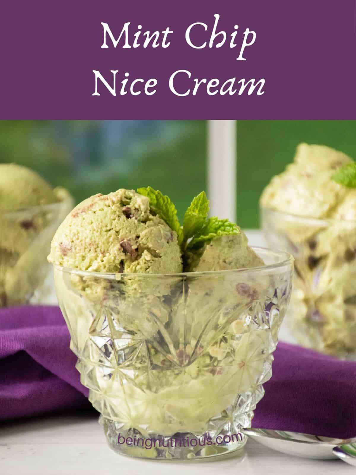 Cup of ice cream, garnished with fresh mint leaves. Text overlay: Mint Chip Nice Cream.