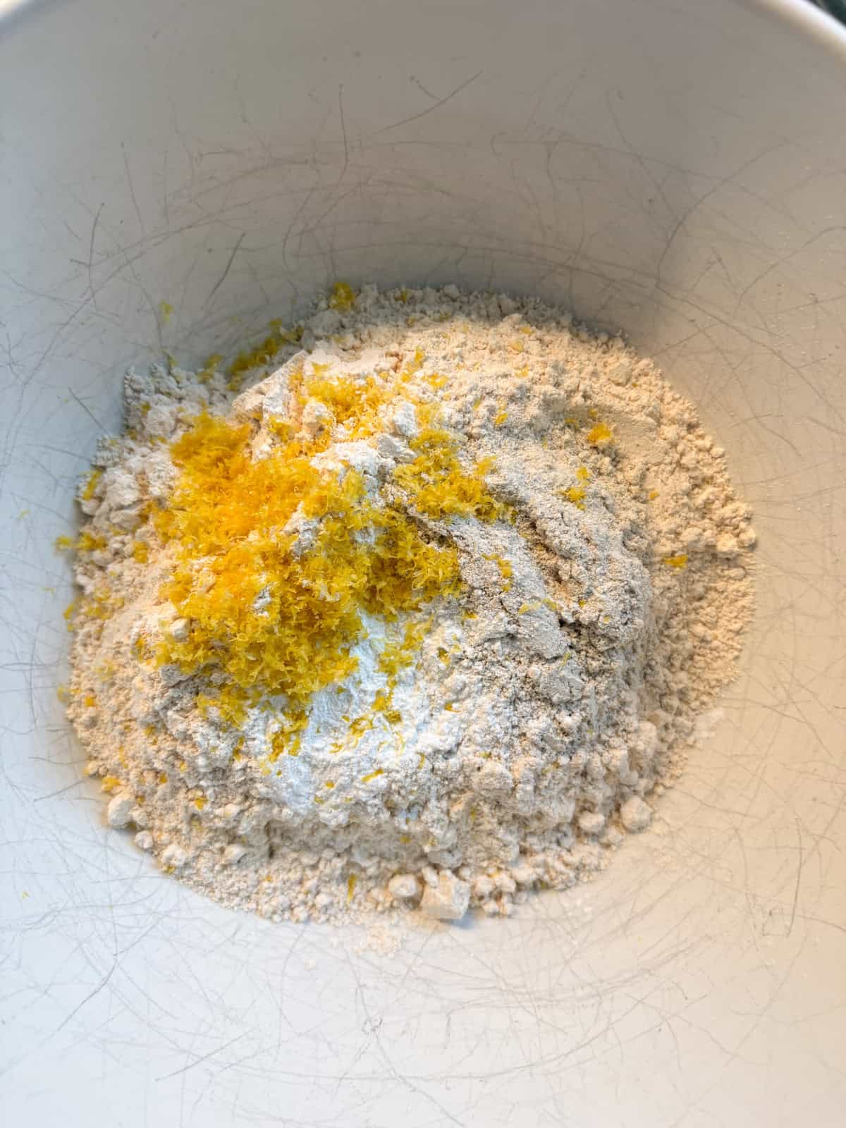 Dry ingredients in a mixing bowl.