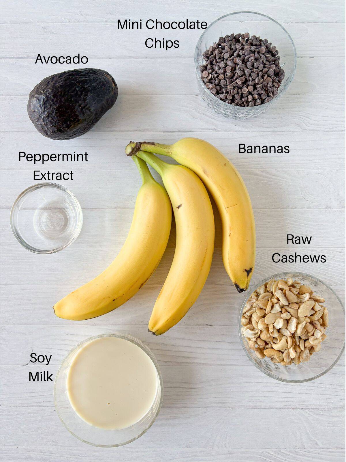 Ingredients for healthy mint chip ice cream.