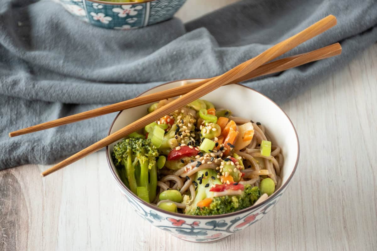 Bowl of noodles and vegetables, garnished with black and white sesame seeds and chopped green onions. A pair of chopsticks are laying across the bowl.
