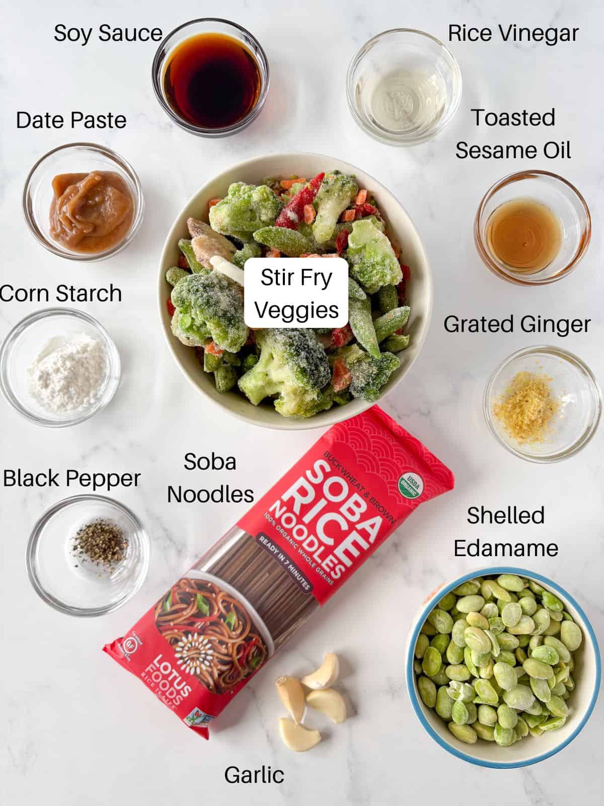 Ingredients for teriyaki soba noodles.