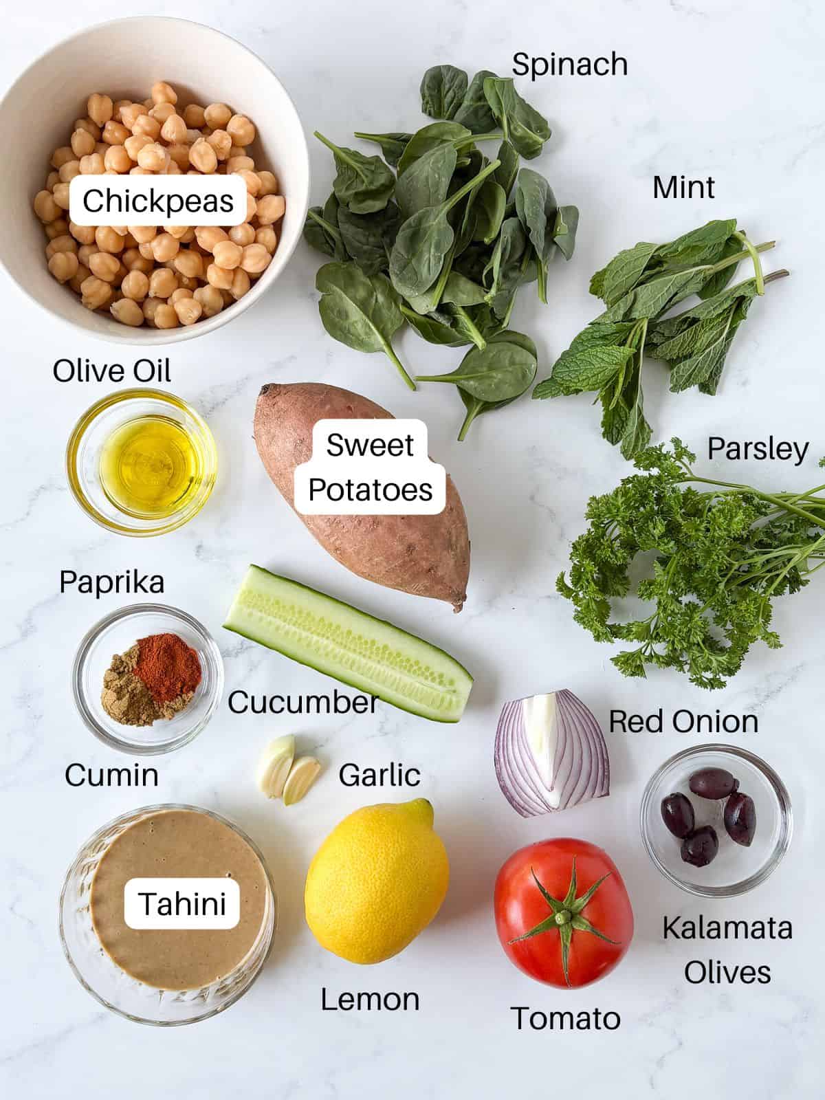 Ingredients for Mediterranean stuffed sweet potatoes.