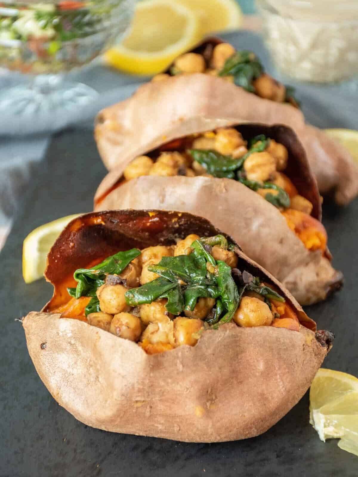 Baked sweet potatoes with chickpea filling.