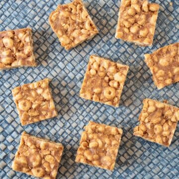 Overhead image of 9 cereal bar squares on a blue straw mat.