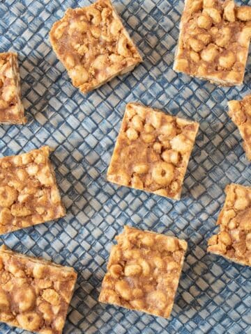 Overhead image of 9 cereal bar squares on a blue straw mat.
