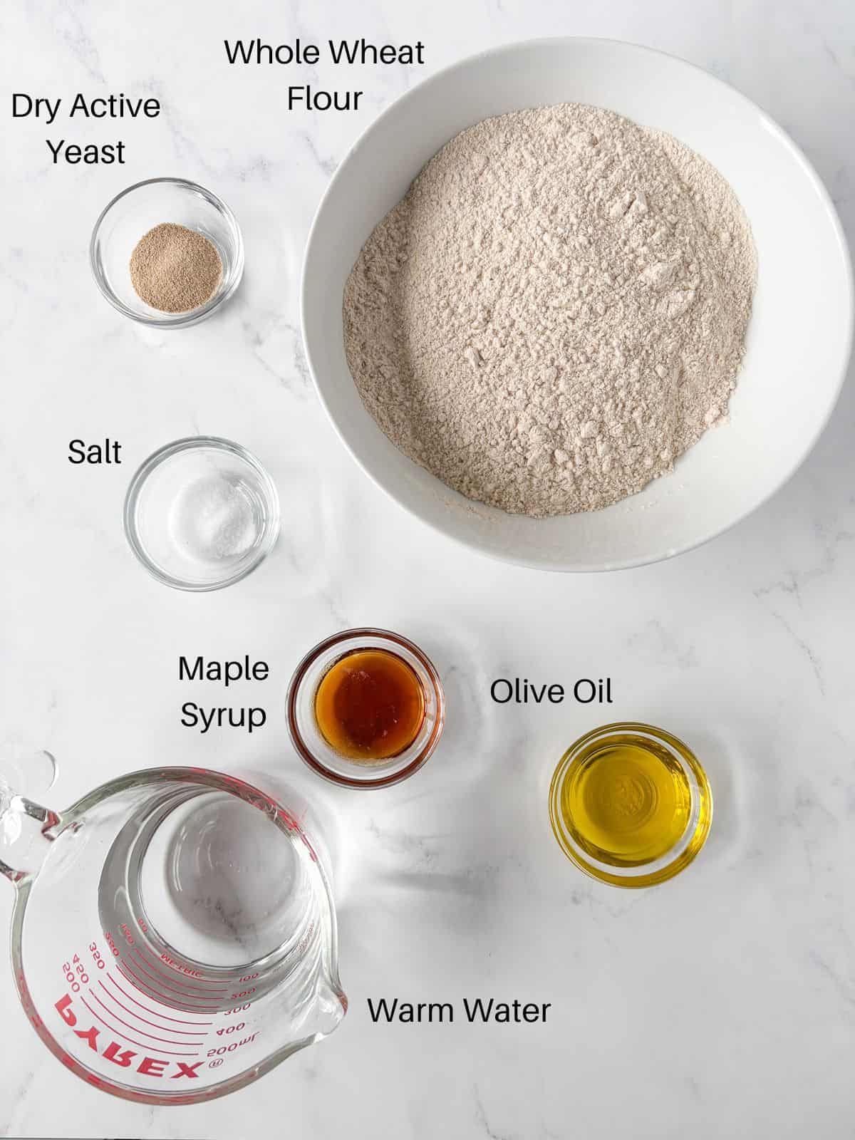 Ingredients for whole wheat pizza dough.