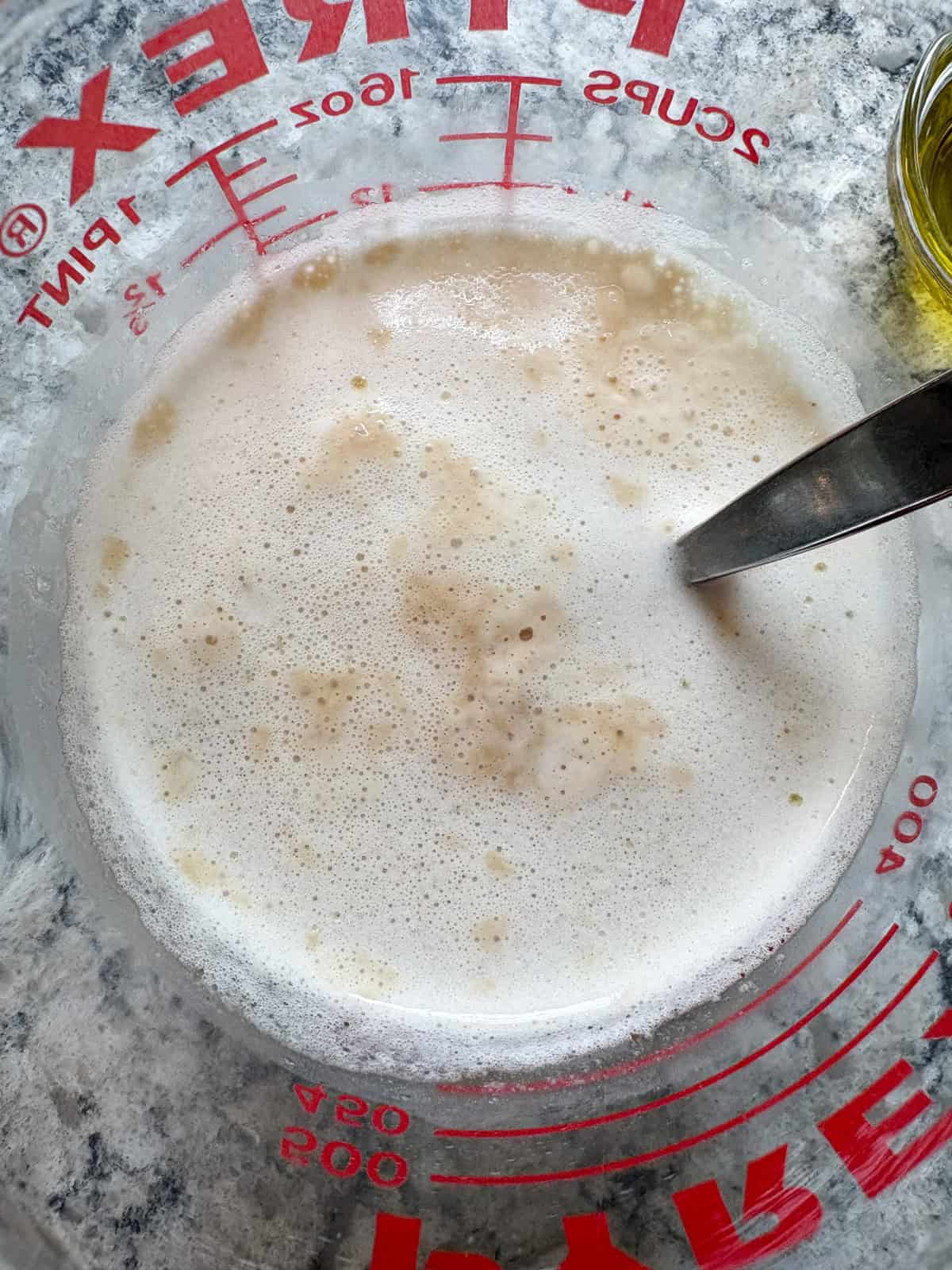 Wet ingredients, looking foamy after the yeast has been activated.