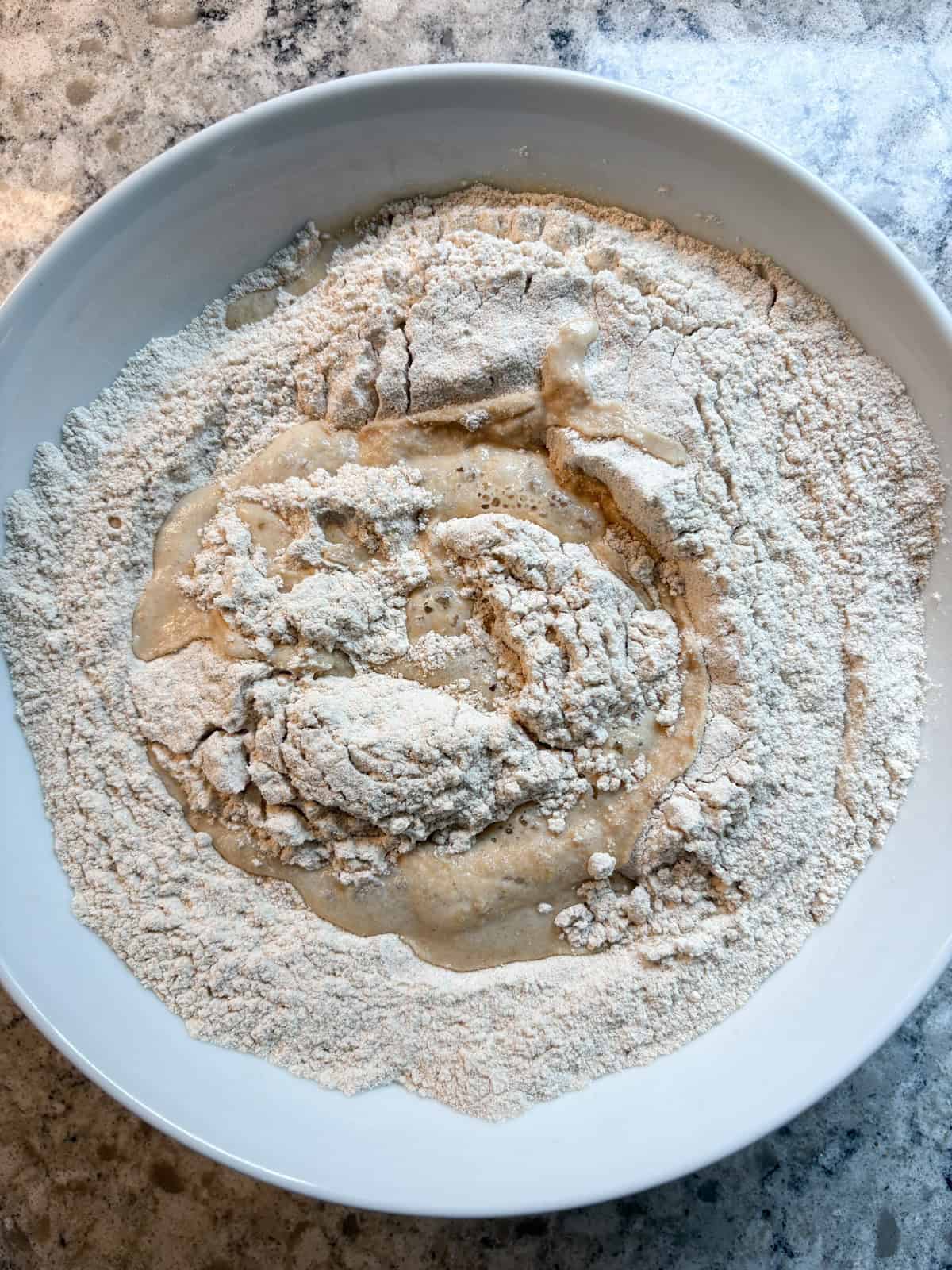 Wet ingredients poured into dry ingredients.