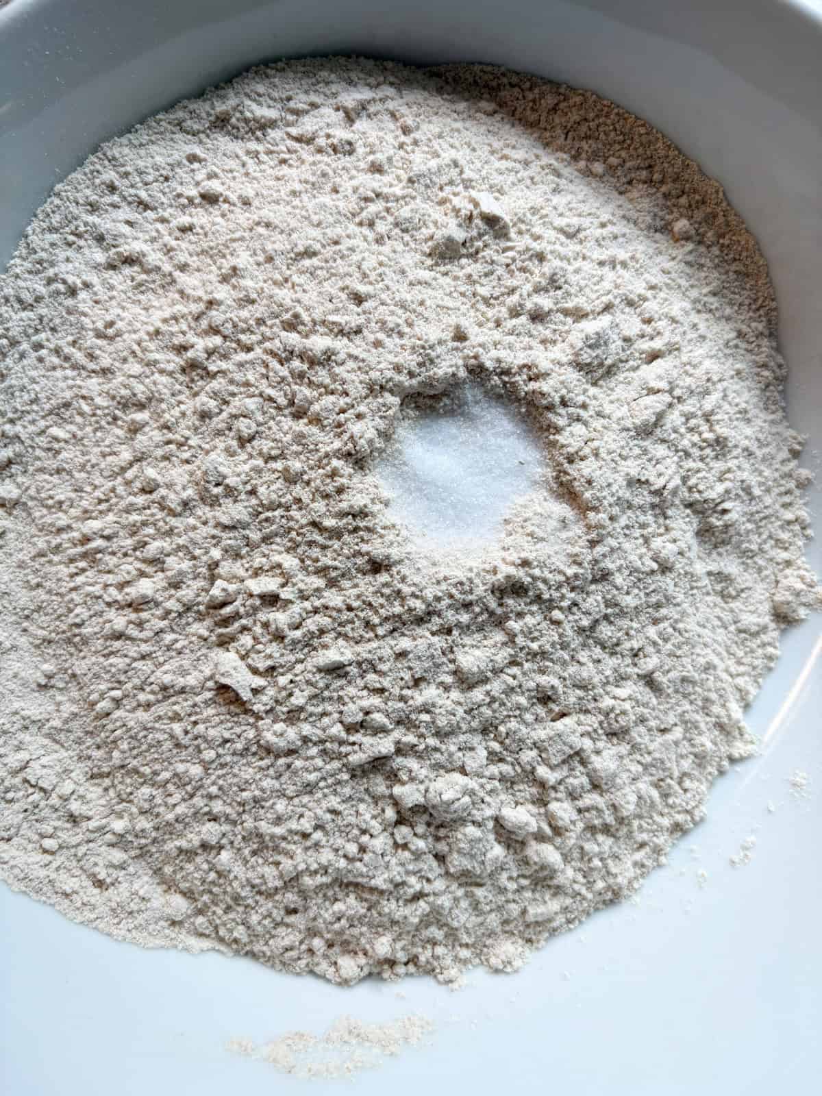 Dry ingredients in a mixing bowl.