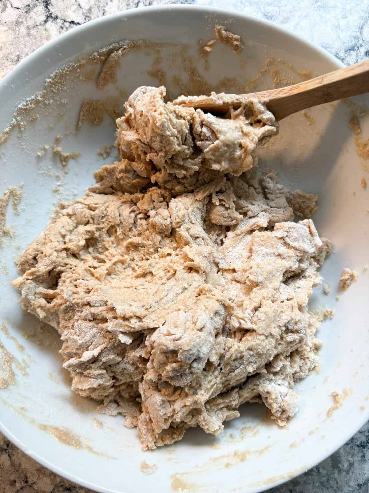 Shaggy looking dough, after mixing dry and wet ingredients together.