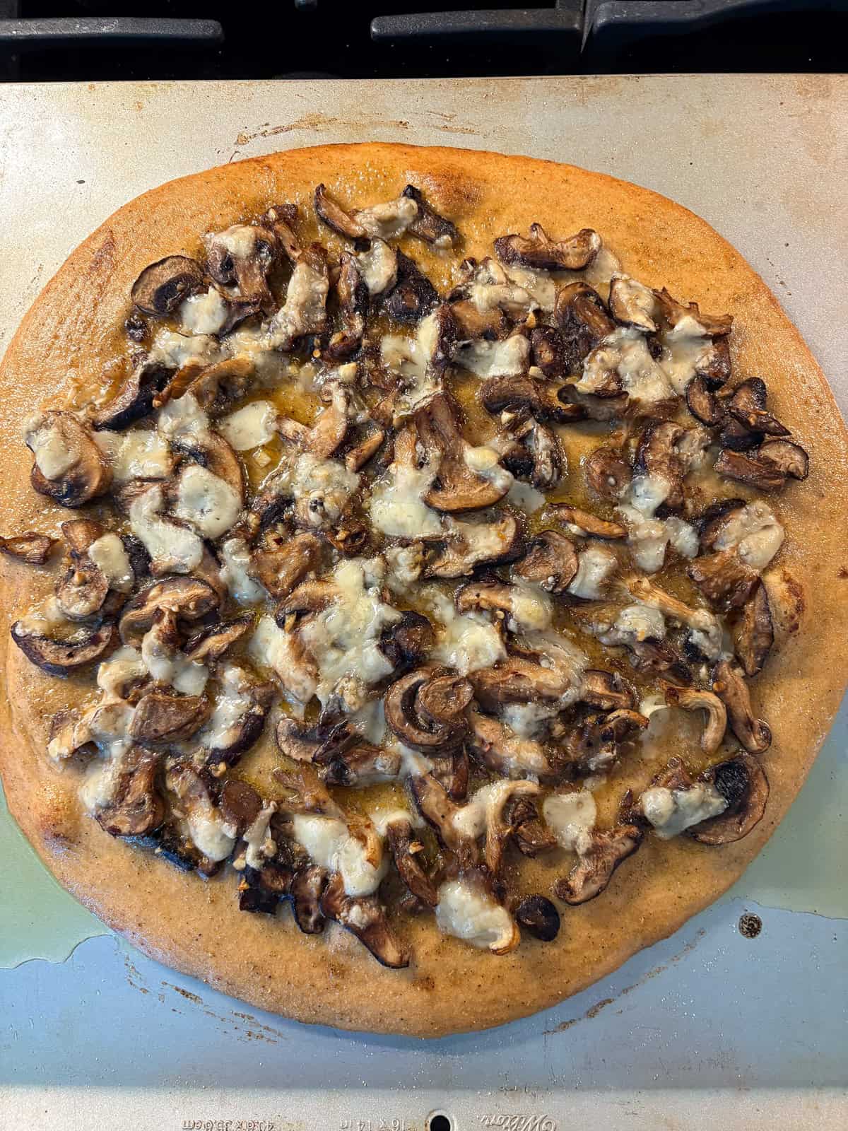 Baked garlic mushroom pizza.
