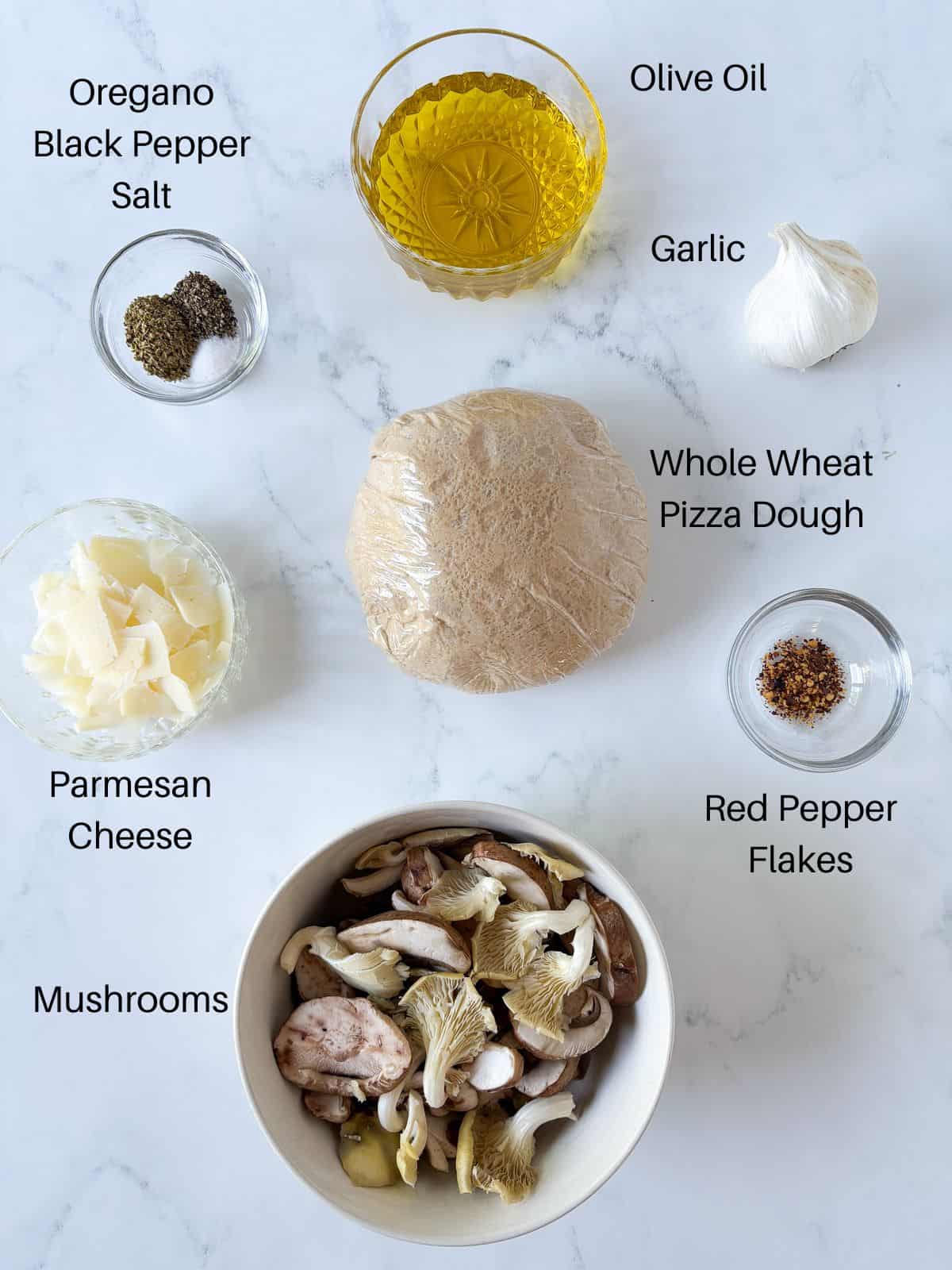 Ingredients for garlic mushroom pizza.