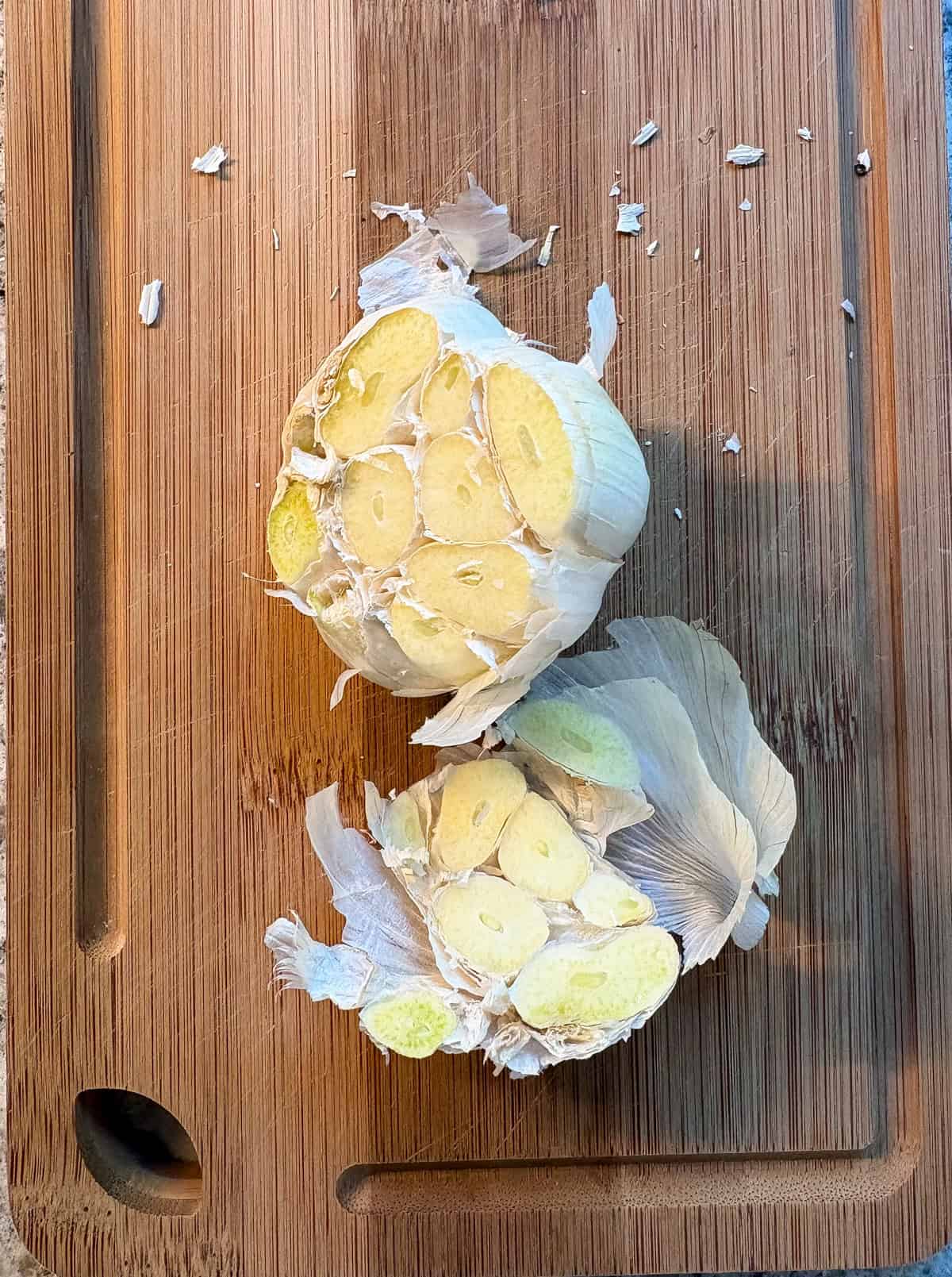 Garlic bulb with the top sliced off.