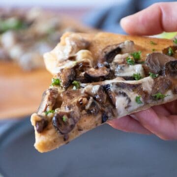 Hand holding a slice of pizza.