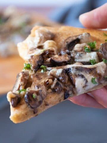 Hand holding a slice of pizza.