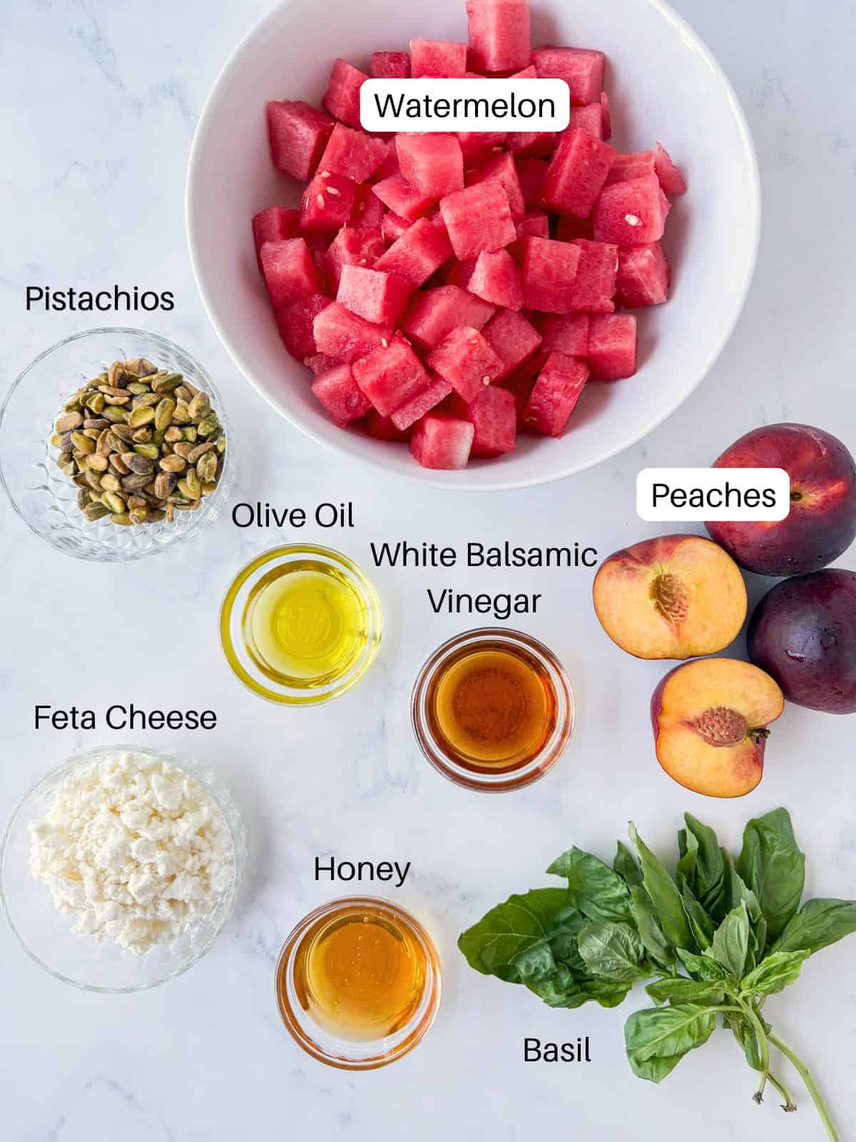 Ingredients for watermelon peach salad.