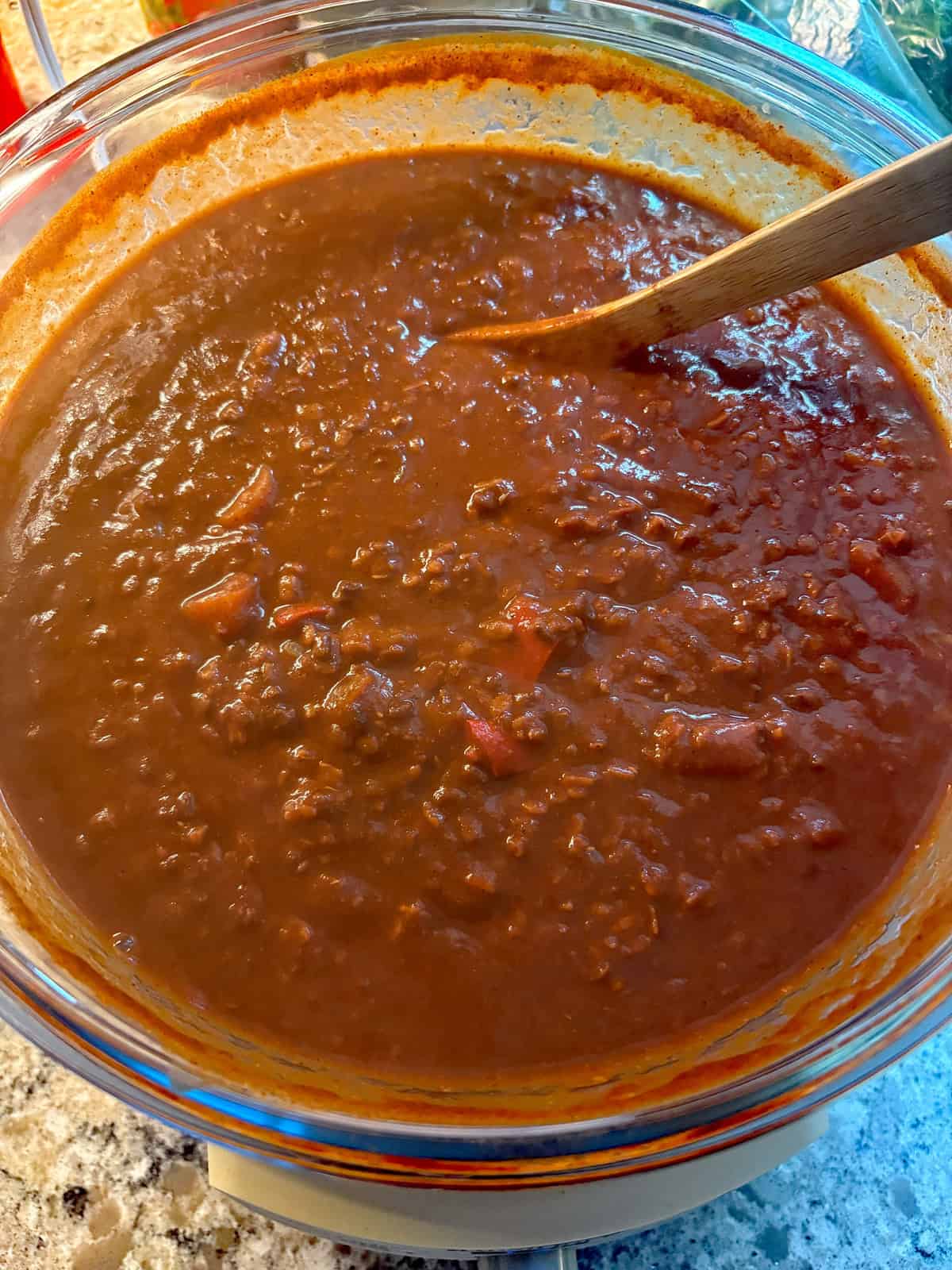 Cooked Cincinnati chili, in a slow cooker.
