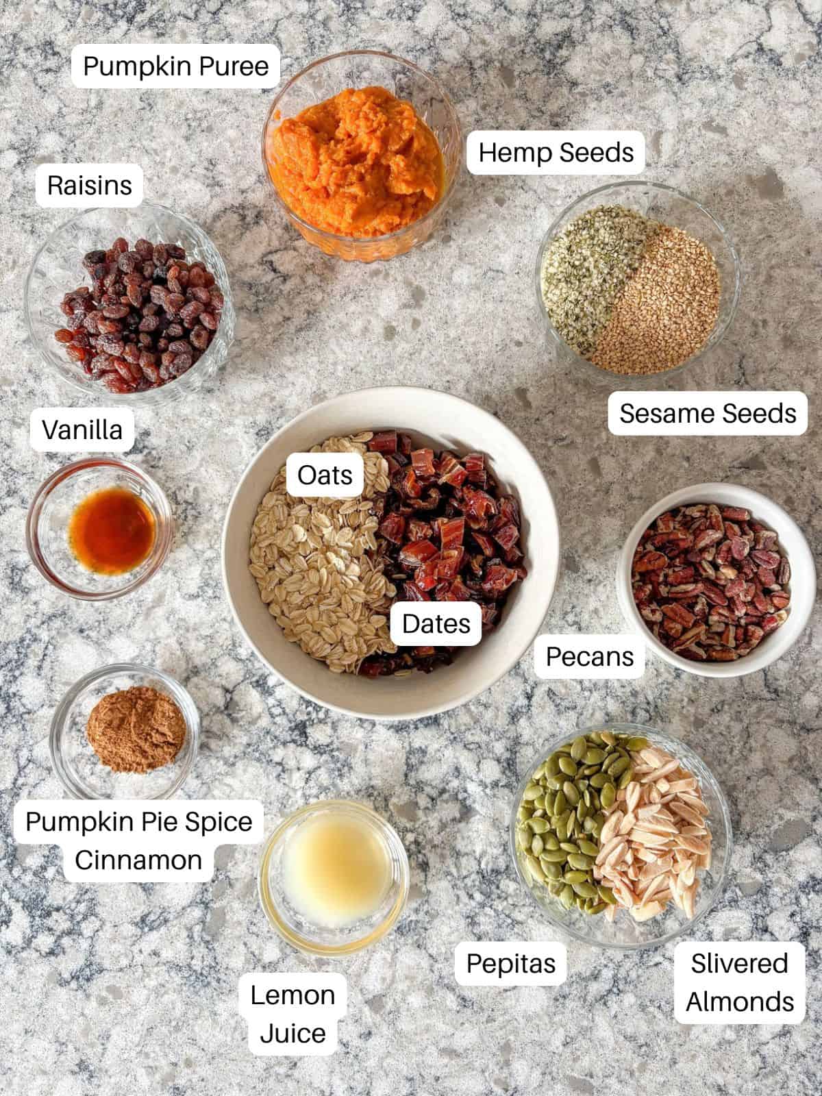 Ingredients for pumpkin granola.
