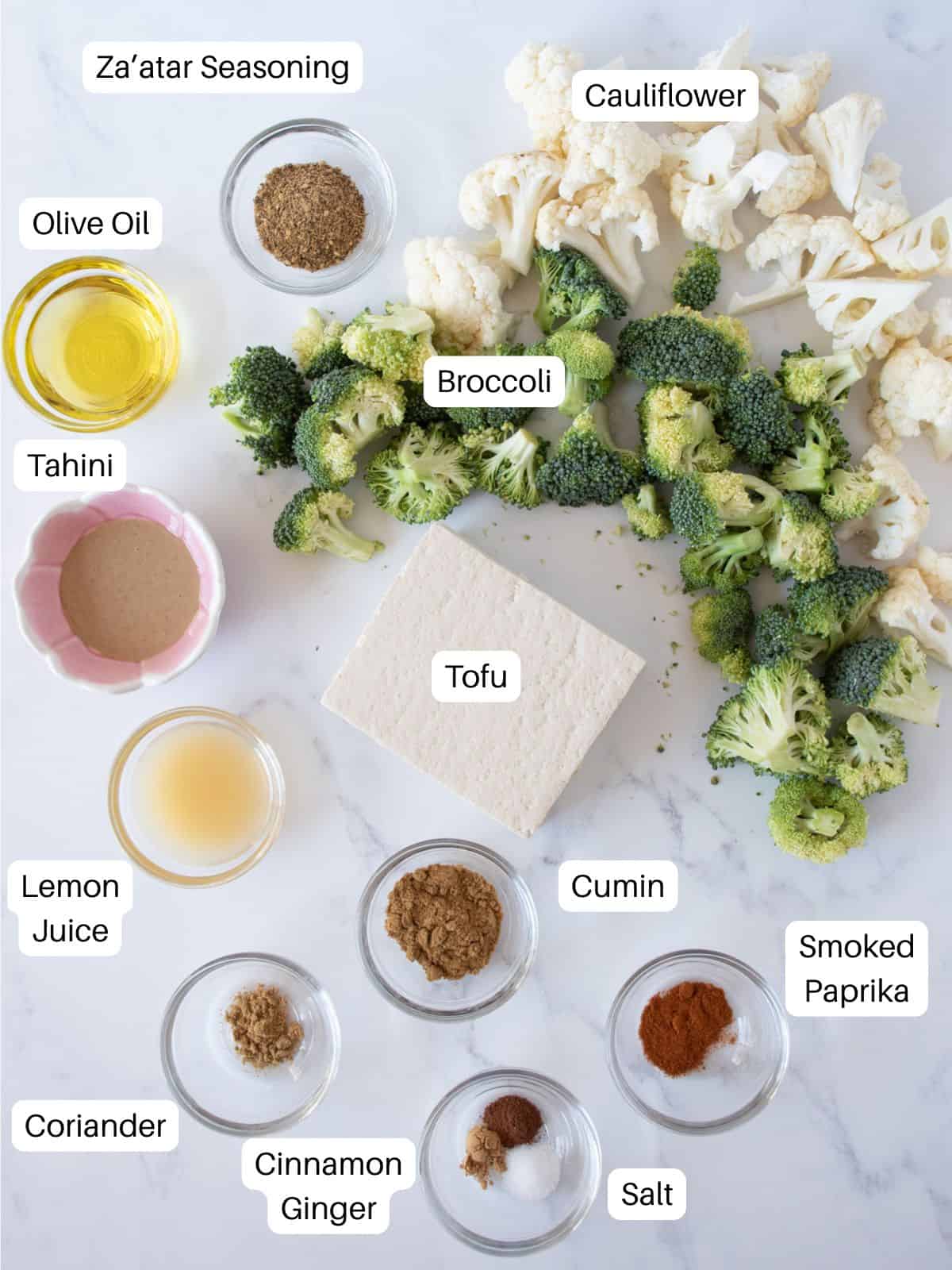 Ingredients for Roasted Broccoli and Cauliflower with Whipped Tofu.
