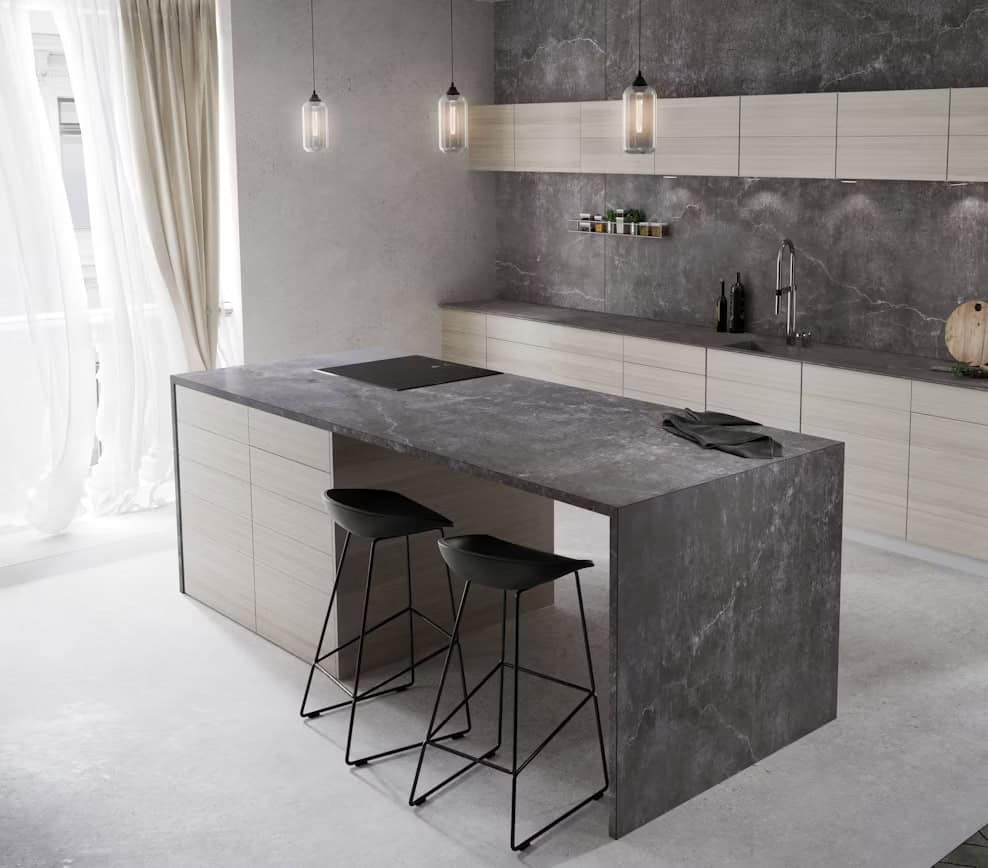 Modern kitchen with concrete island and minimalist design by Bella Pietra Design.