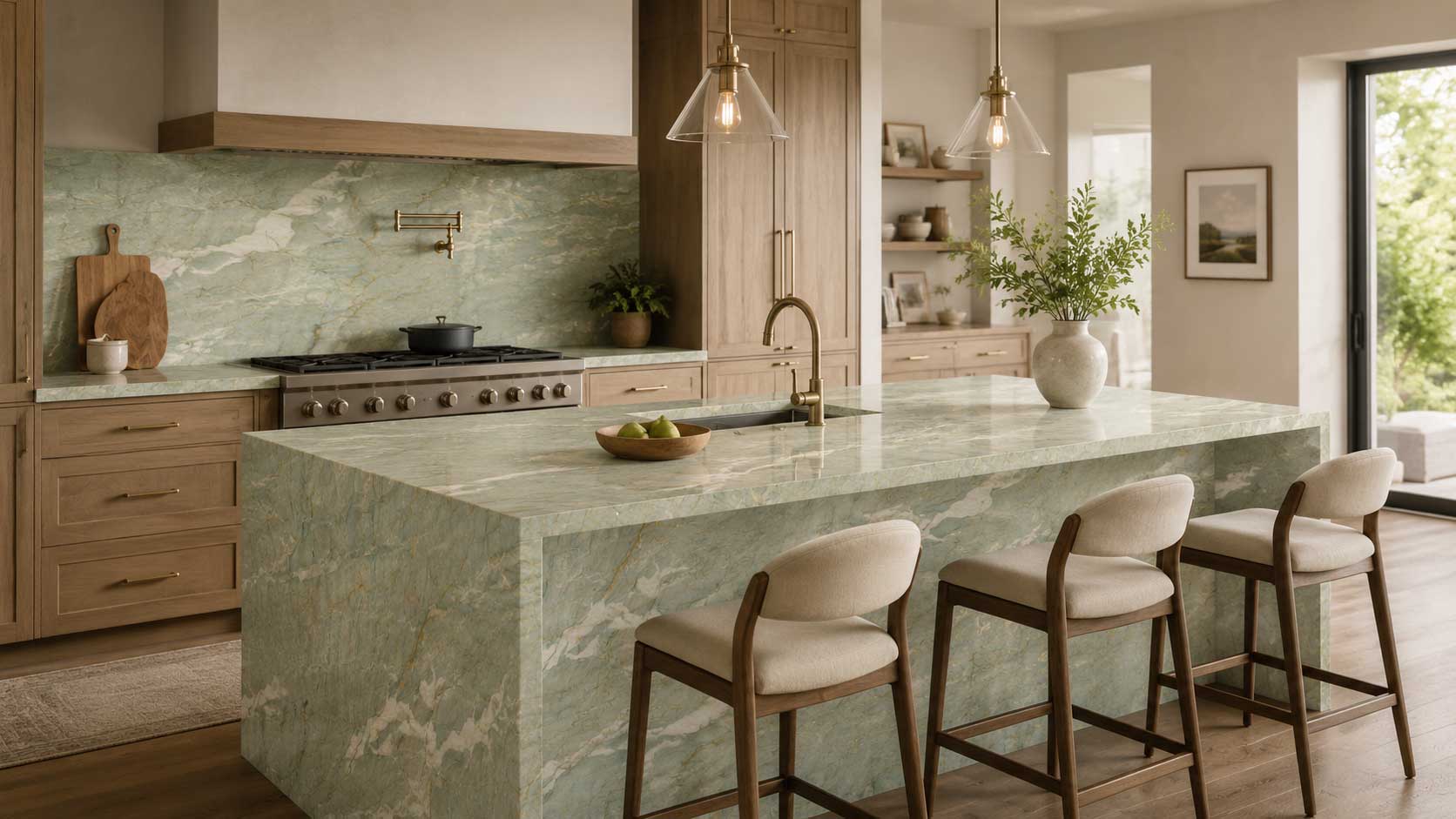 Kitchen with a pale green veined island and backsplash beside warm wood cabinetry.