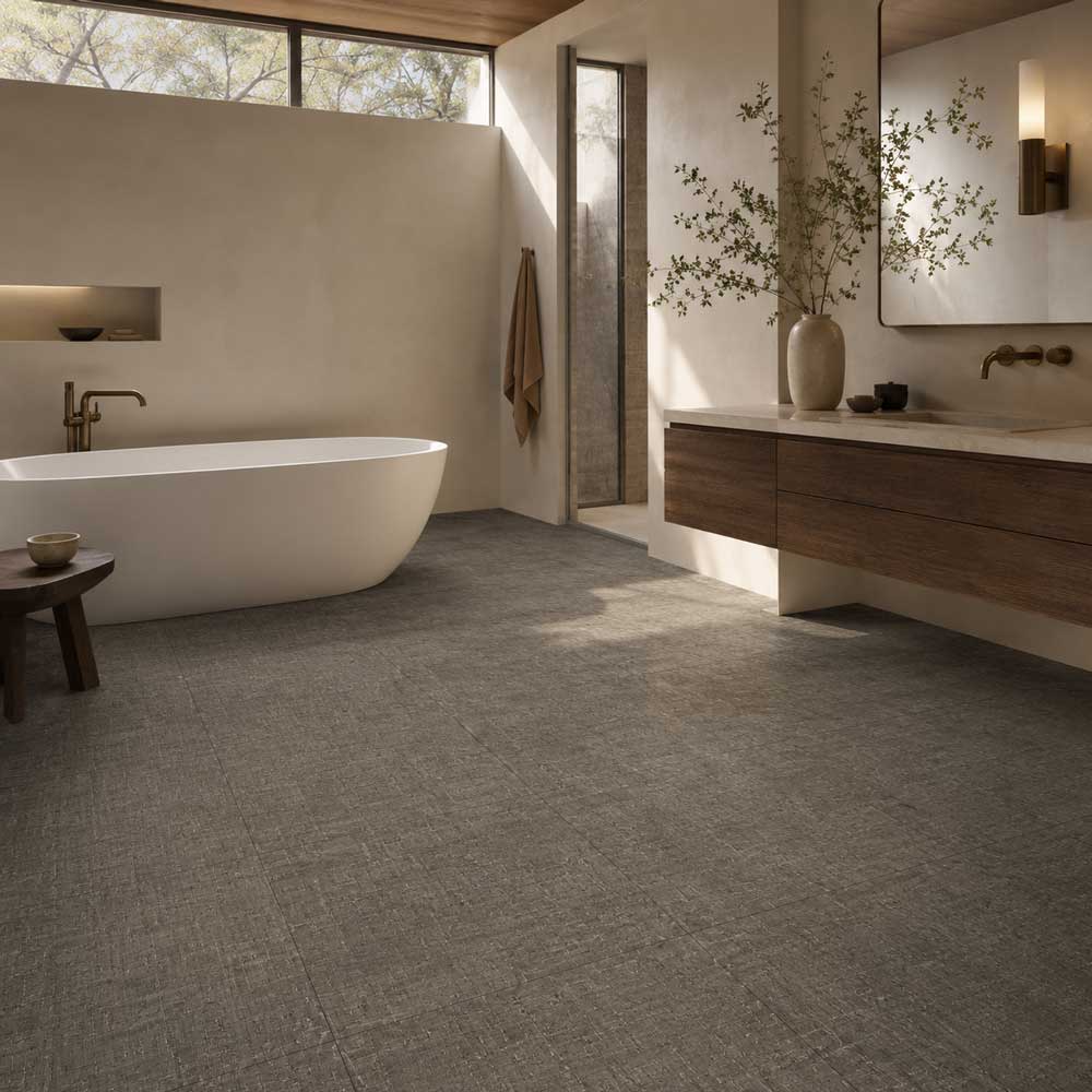 Bathroom with gray textured floor tile, a freestanding tub and a glass shower.