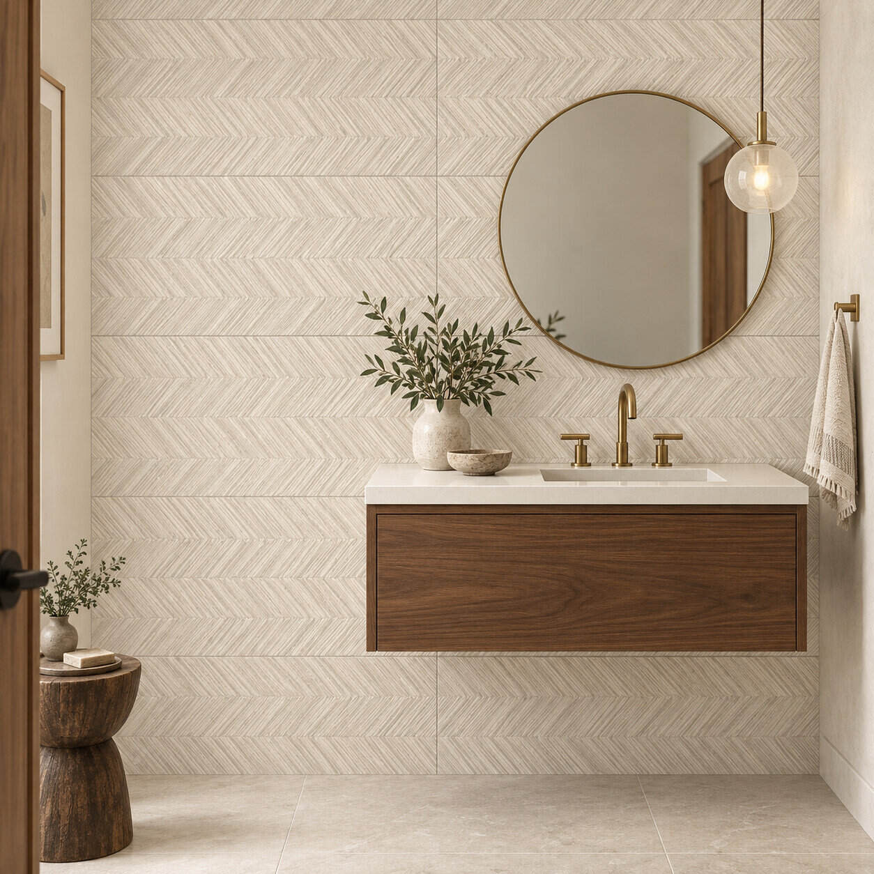 AI-generated lifestyle visualization of Canyonland Texture Beige Tile. Created using the official material swatch as reference.