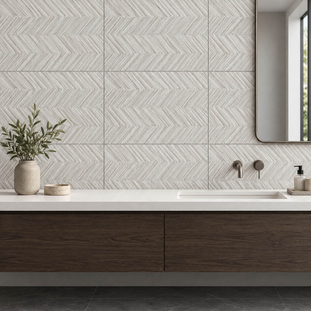 AI-generated lifestyle visualization of Canyonland Texture Grey Tile. Created using the official material swatch as reference.