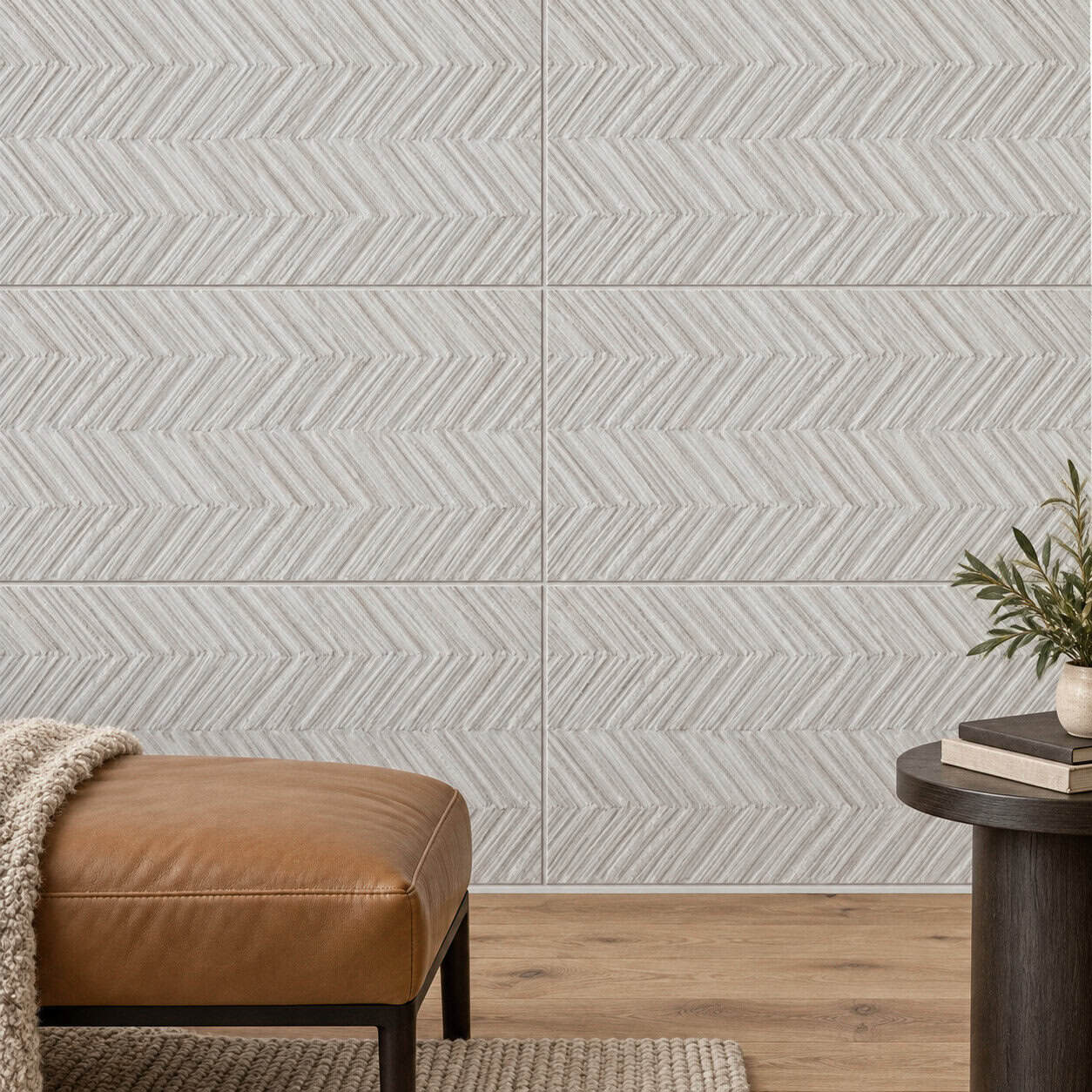 AI-generated lifestyle visualization of Canyonland Texture Grey Tile. Created using the official material swatch as reference.