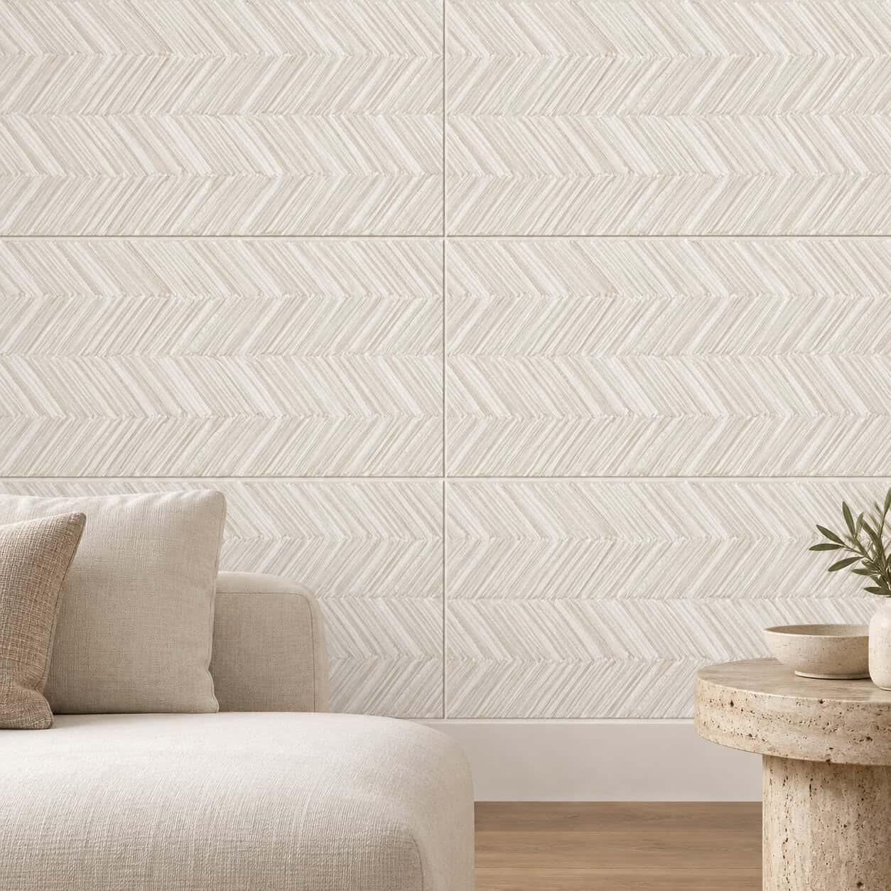 AI-generated lifestyle visualization of Canyonland Texture White Tile. Created using the official material swatch as reference.