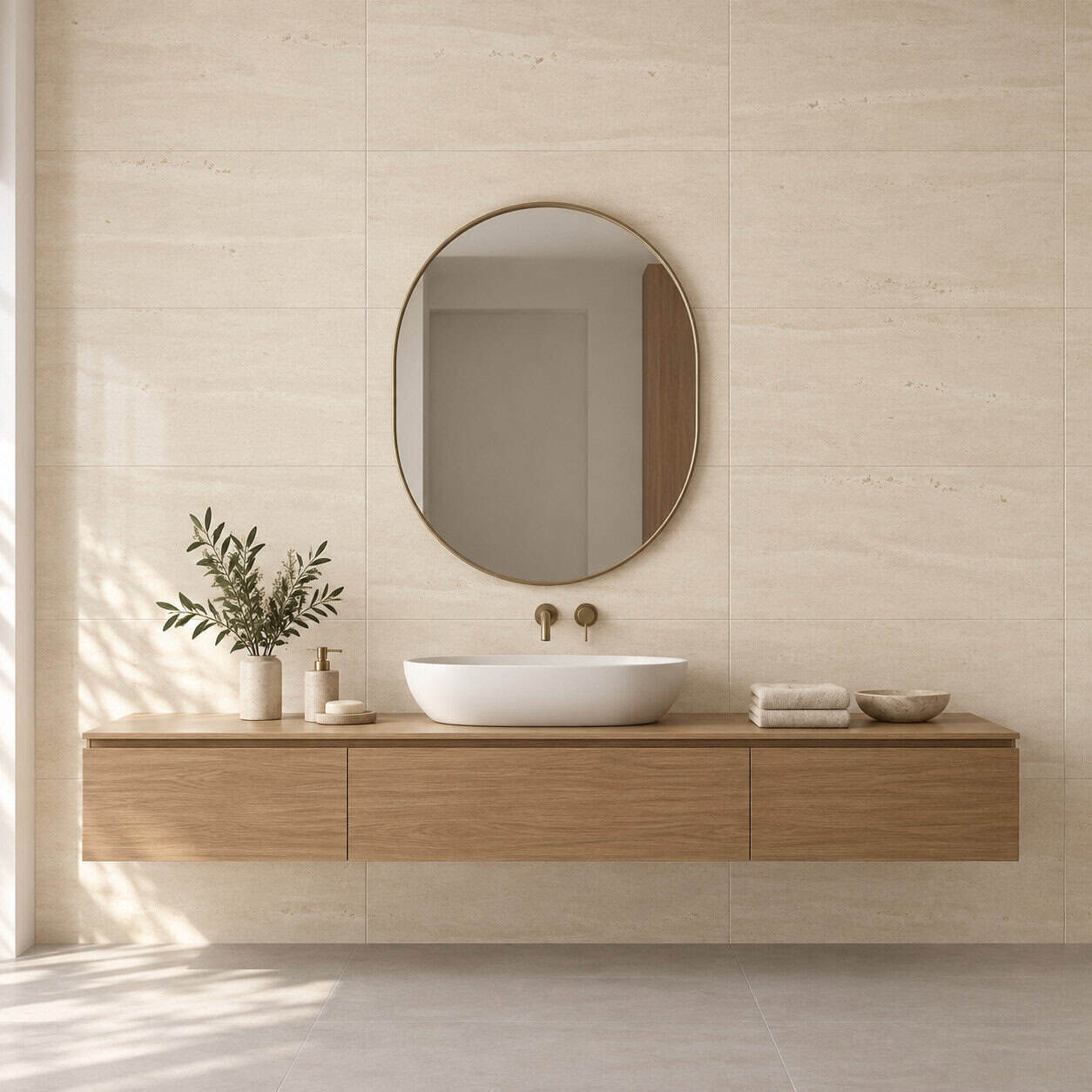 AI-generated lifestyle visualization of Limestone Cream Tile. Created using the official material swatch as reference.