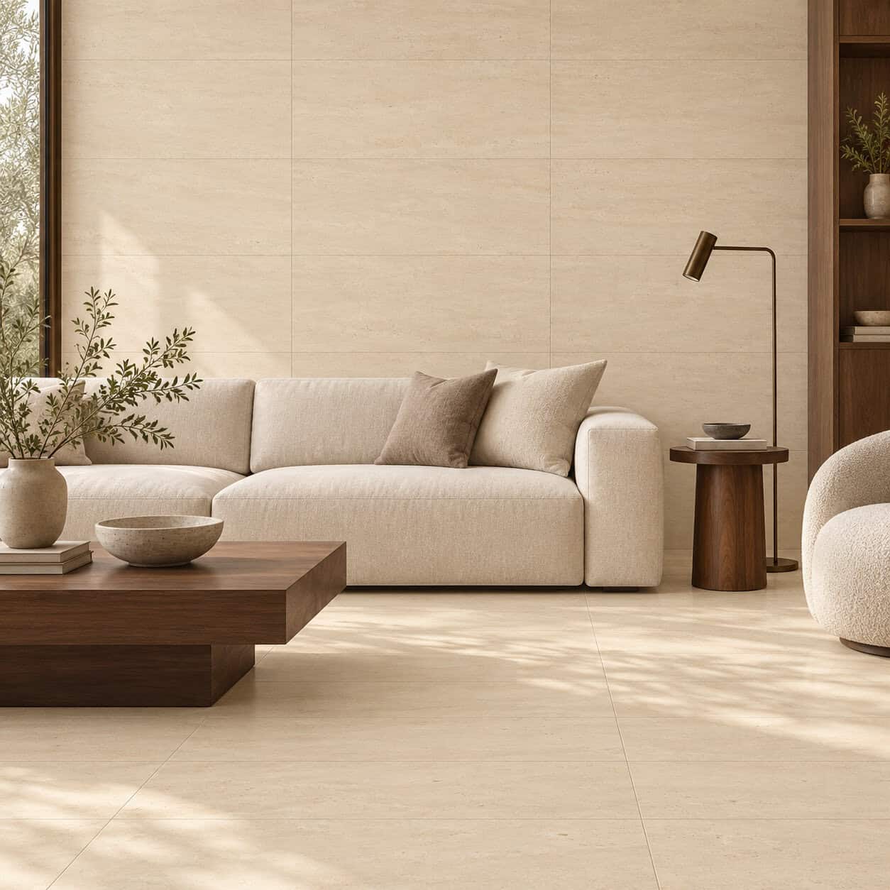 AI-generated lifestyle visualization of Limestone Sand Tile. Created using the official material swatch as reference.