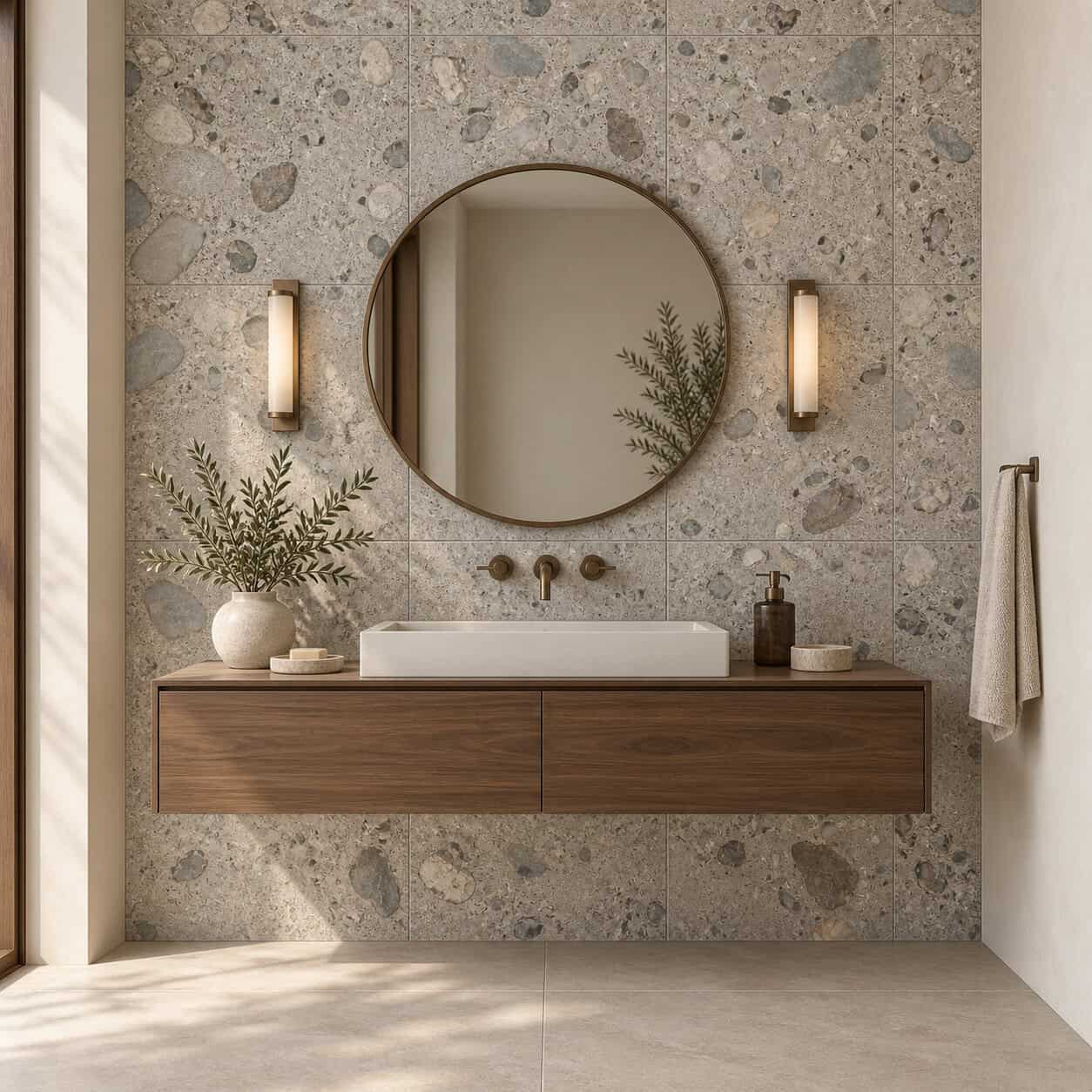 AI-generated lifestyle visualization of Matera Ash Tile. Created using the official material swatch as reference.