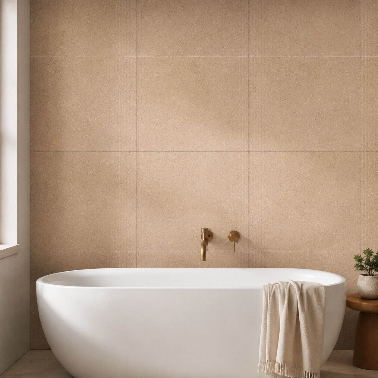 AI-generated lifestyle visualization of Namib Camel Tile. Created using the official material swatch as reference.