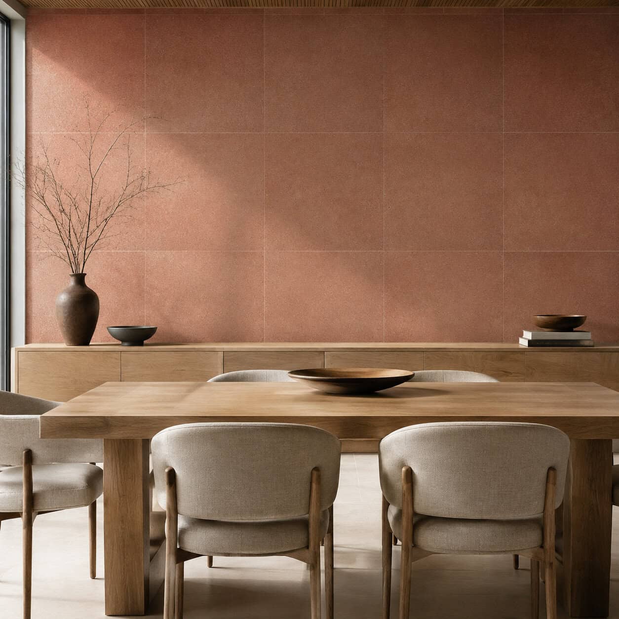 AI-generated lifestyle visualization of Namib Jasper Tile. Created using the official material swatch as reference.