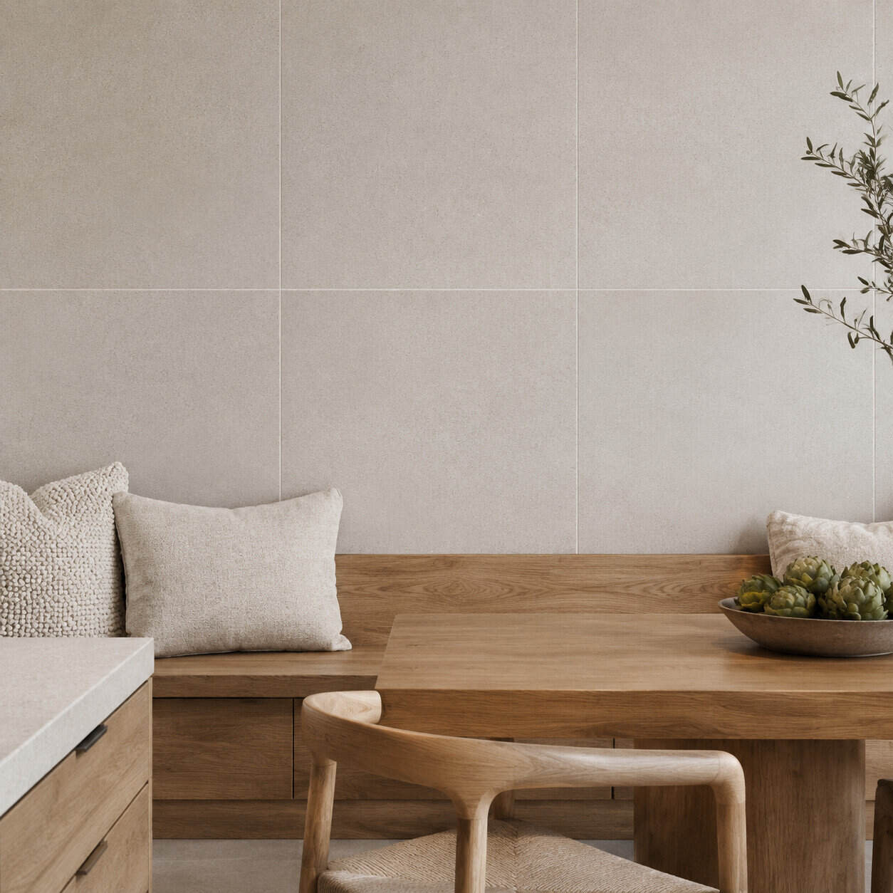 AI-generated lifestyle visualization of Namib Linen Tile. Created using the official material swatch as reference.