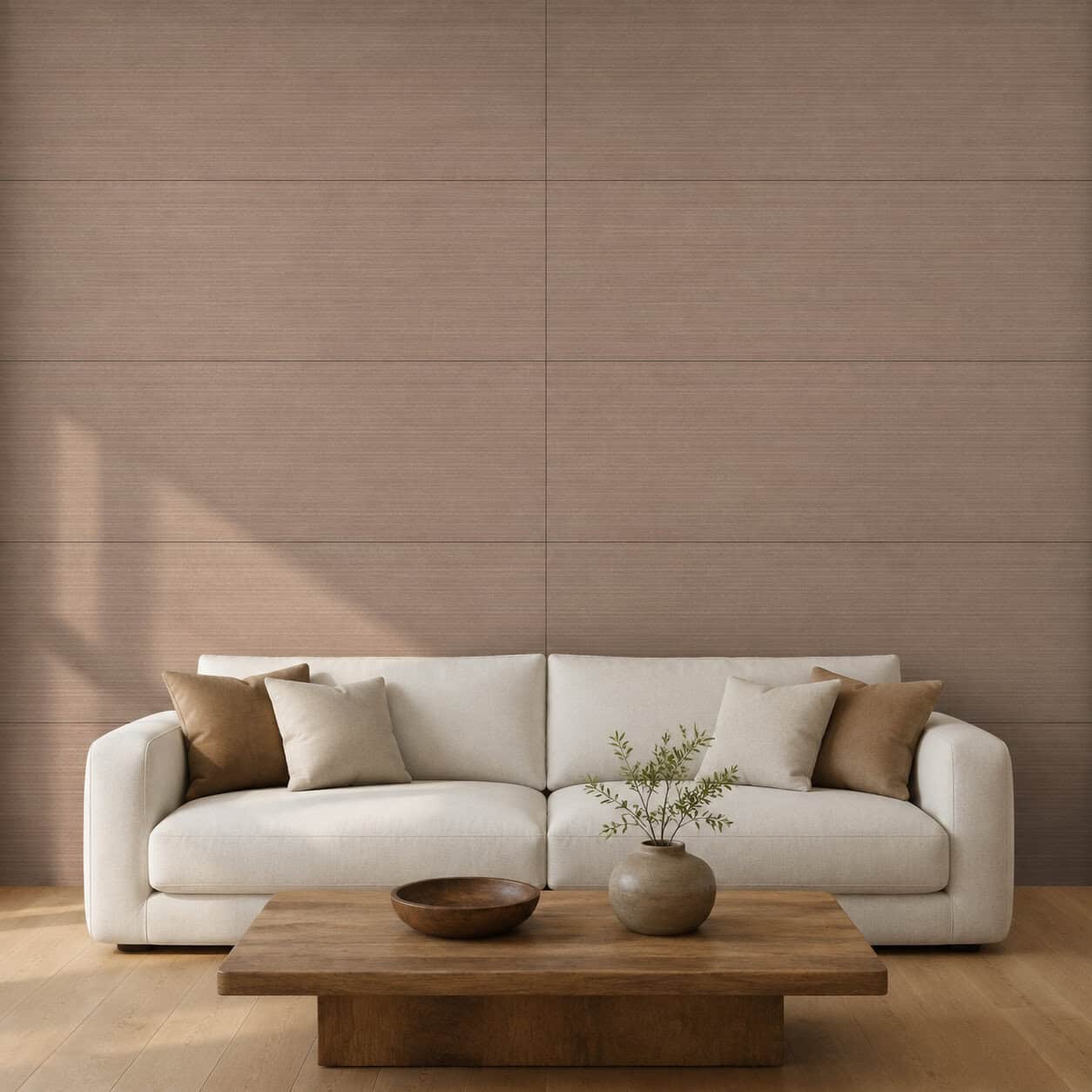AI-generated lifestyle visualization of Namib Texture Earth Tile. Created using the official material swatch as reference.