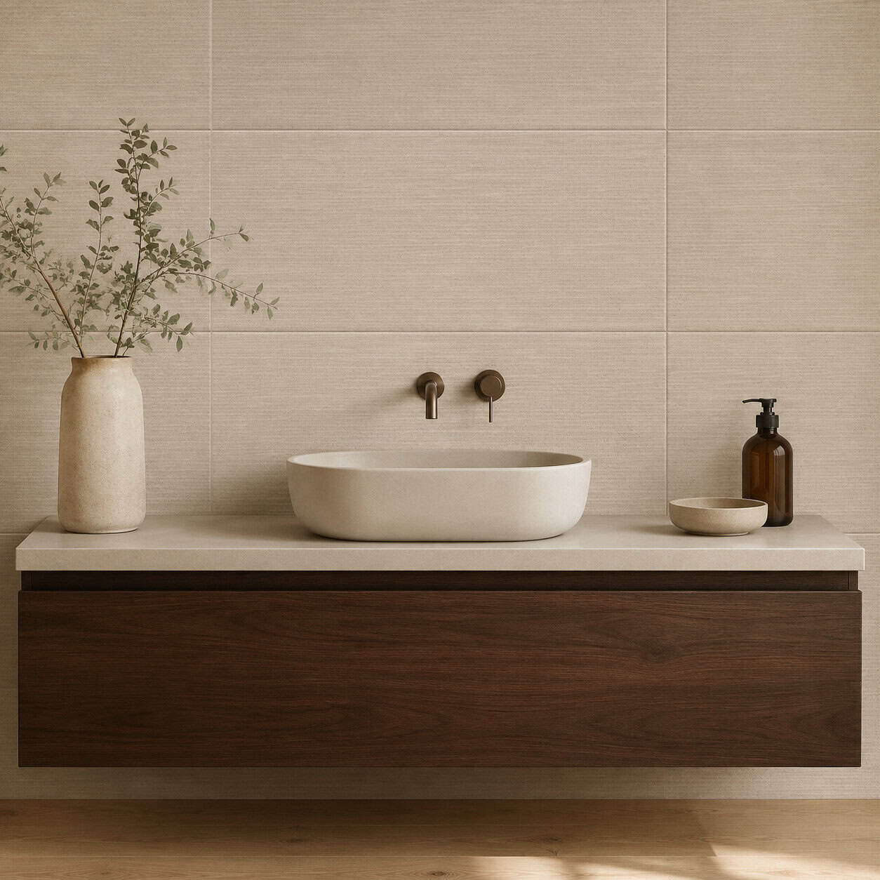 AI-generated lifestyle visualization of Namib Texture Ecru Tile. Created using the official material swatch as reference.