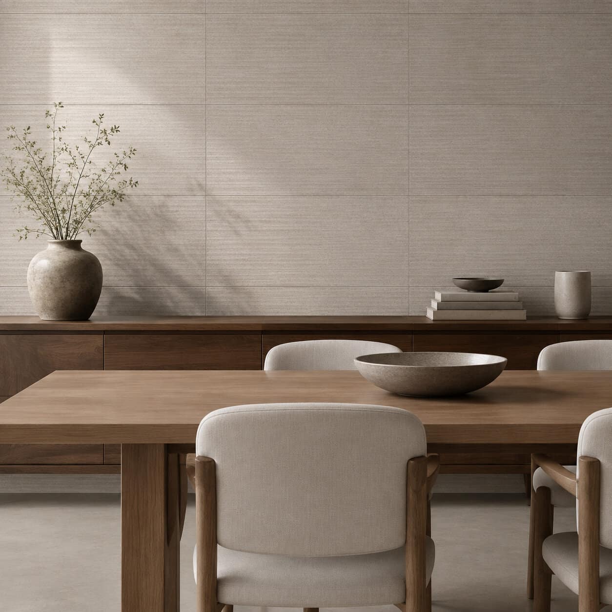 AI-generated lifestyle visualization of Namib Texture Linen Tile. Created using the official material swatch as reference.