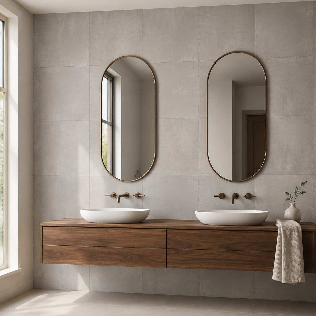 AI-generated visualization of Raw Grey matte porcelain wall tiles behind a walnut bathroom vanity