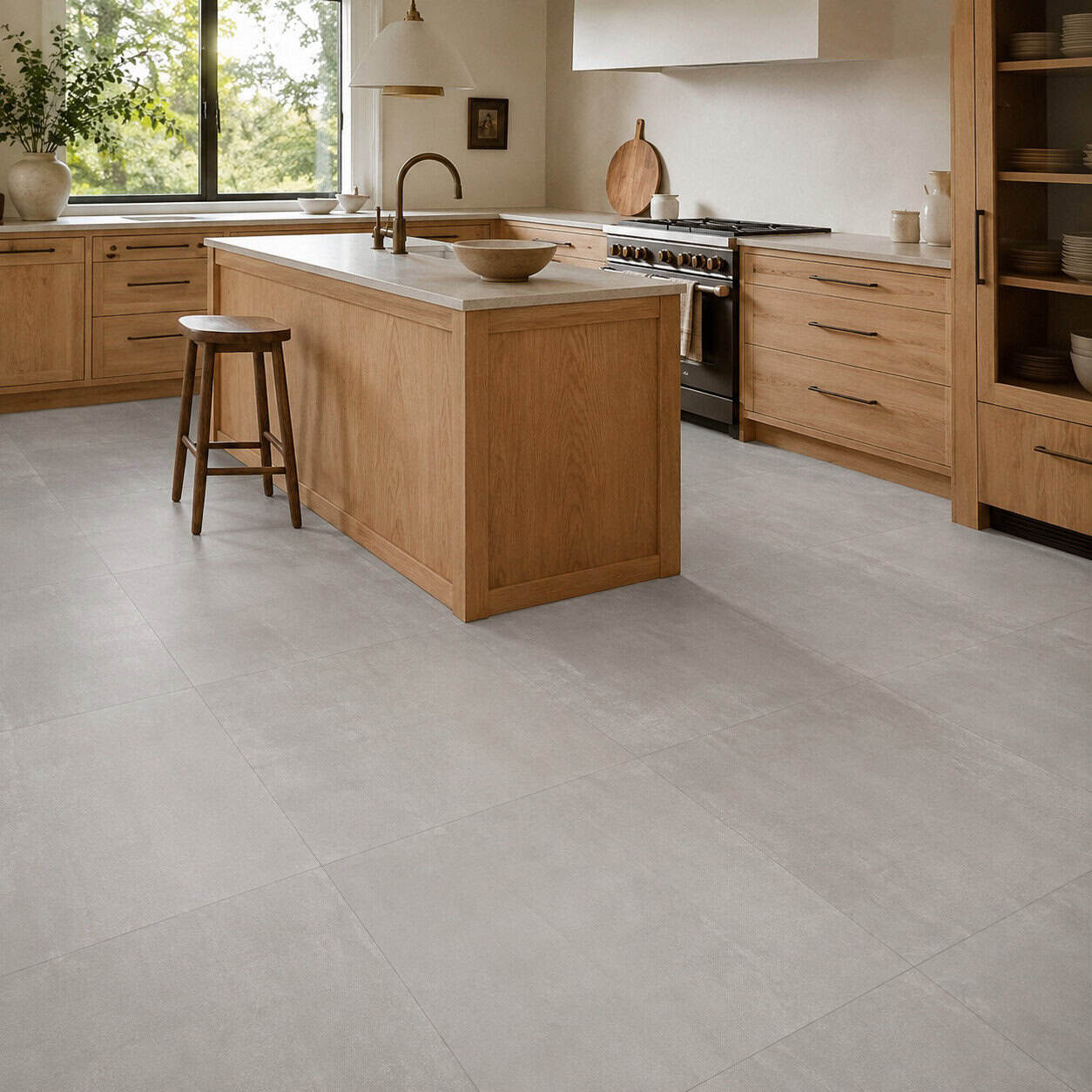 AI-generated visualization of Raw Grey matte porcelain floor tiles in a warm oak kitchen