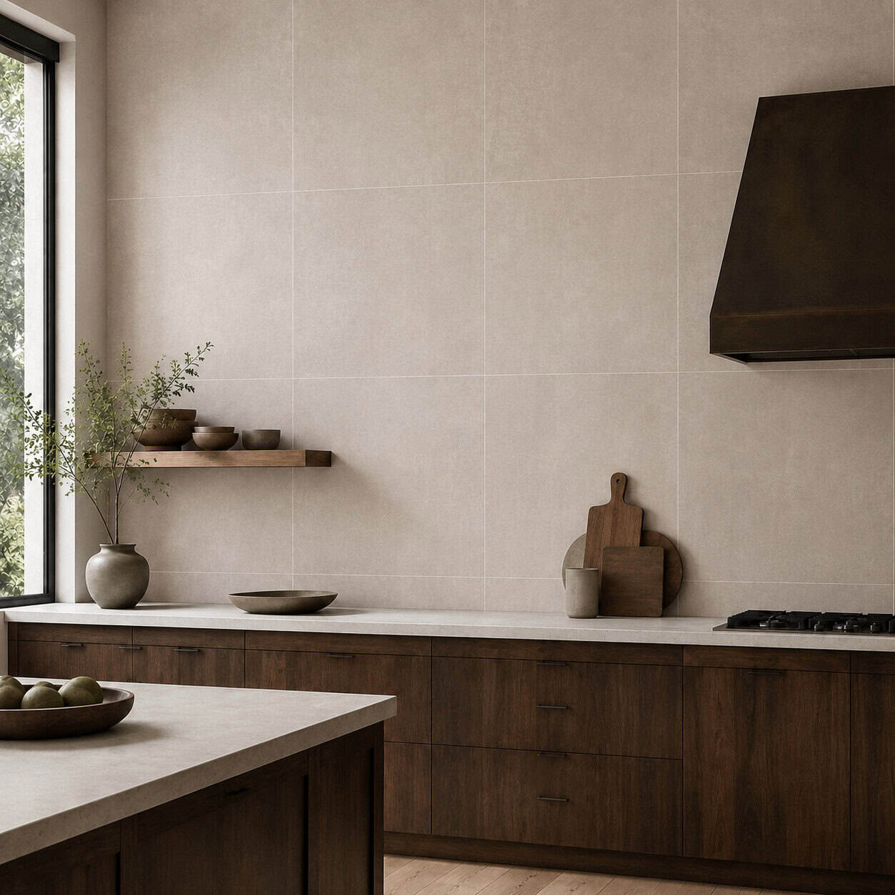 AI-generated visualization of Raw Linen matte porcelain wall tiles in a walnut kitchen