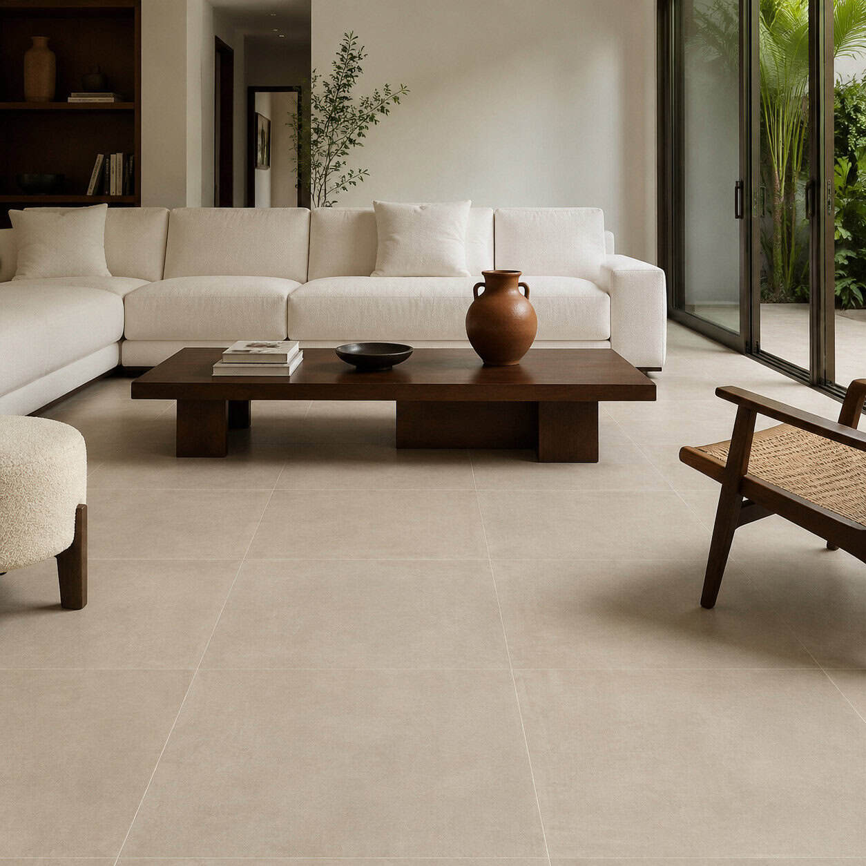 AI-generated visualization of Raw Linen matte porcelain floor tiles in a contemporary living room