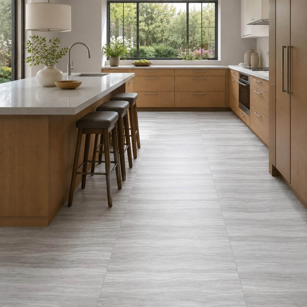 AI-generated visualization of Trastevere Grey matte porcelain floor tiles in a contemporary kitchen