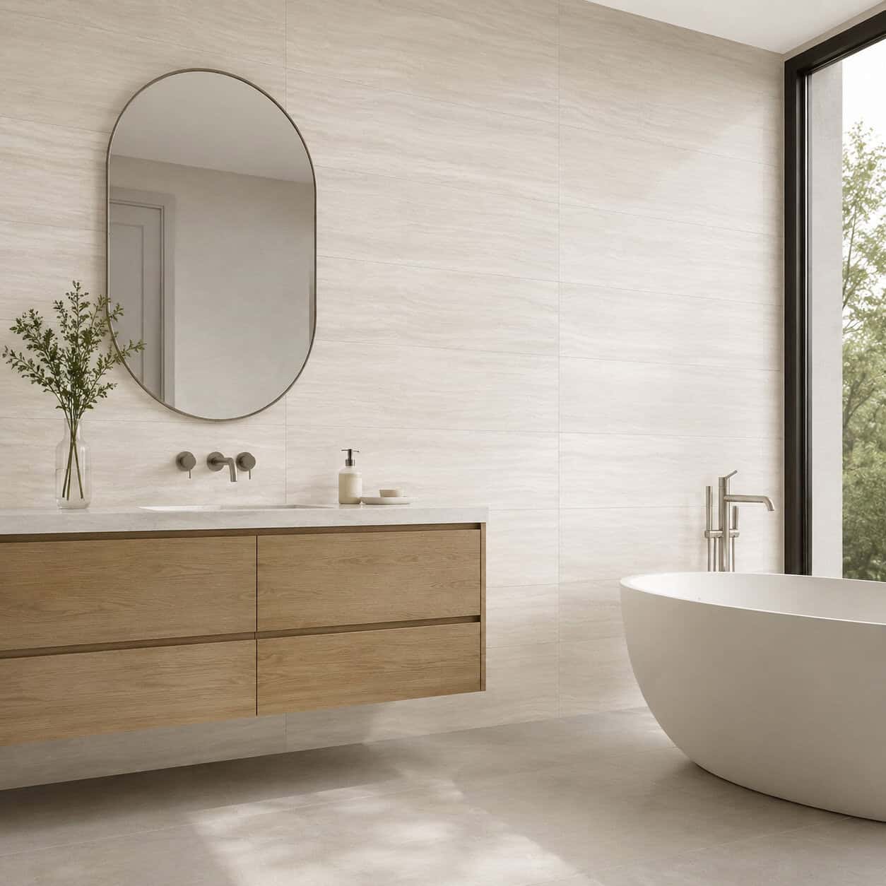 AI-generated visualization of Trastevere White matte porcelain wall tiles in a contemporary bathroom