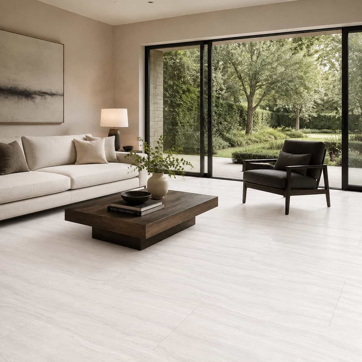 AI-generated visualization of Trastevere White matte porcelain floor tiles in a contemporary living room