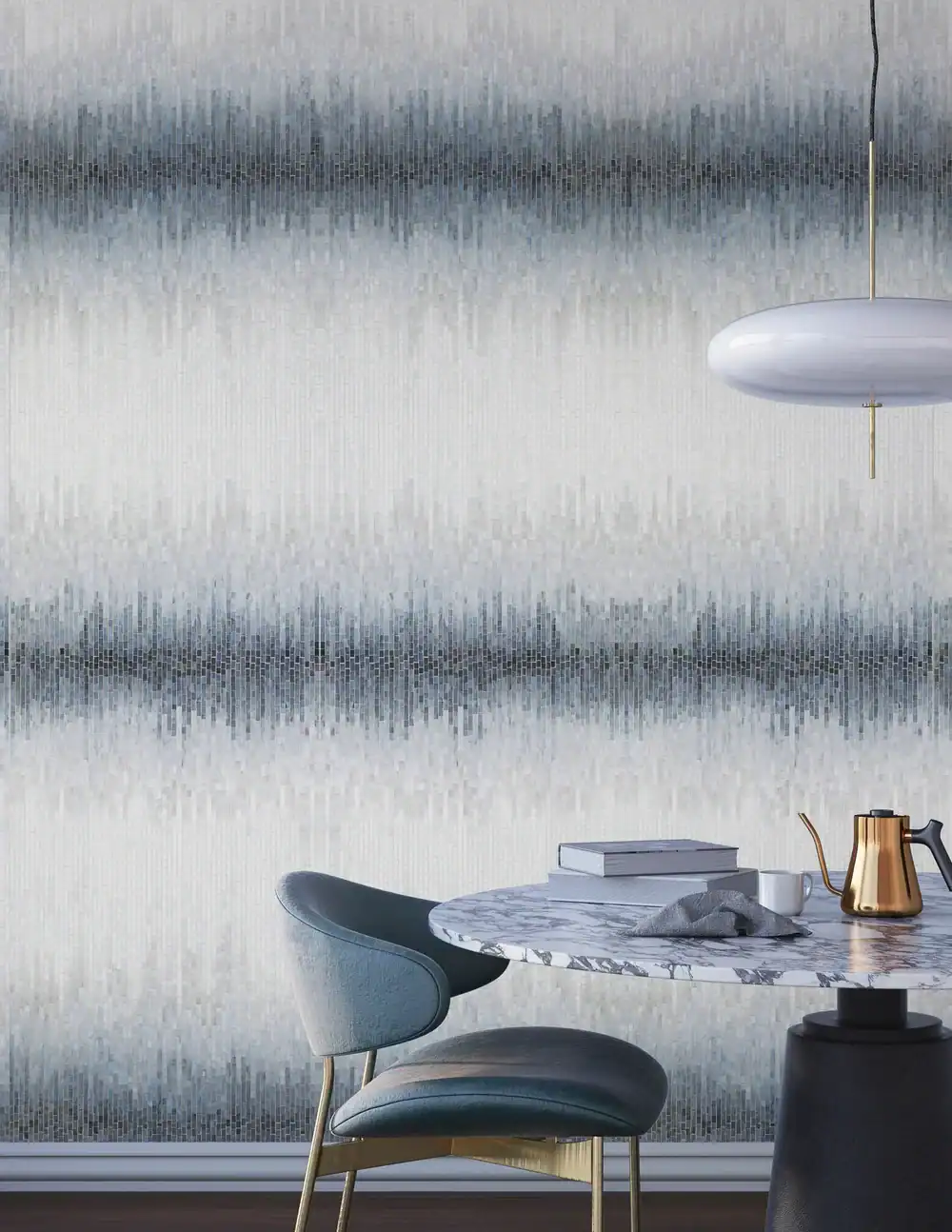 Contemporary interior with water-inspired textured wall and elegant decor.
