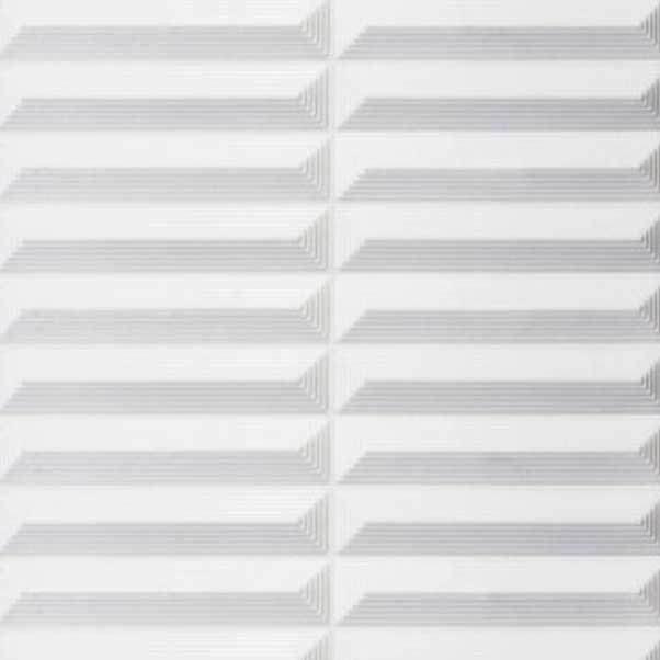 White dimensional wall tile with stepped horizontal ridges.