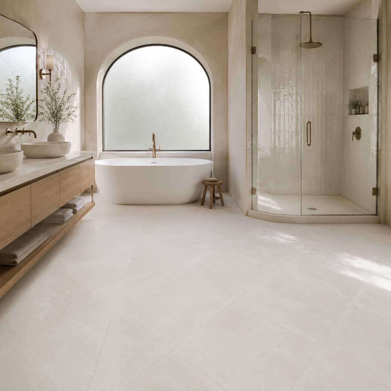 Bathroom with off-white floor tile beneath a freestanding tub and an arched window.
